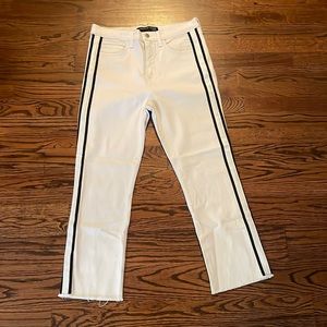 Veronica Beard “Carly 11” Kick Flare” Jeans, White with black racing stripes, 29
